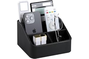 MEIBOOCH Modern Minimalist Black PU Leather Desk Organizer, 4 Compartment Remote Control Holder, Office/Desk Accessory