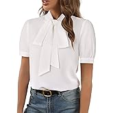 Rooscier Women's Bow Tie Neck Short Sleeve Elegant Office Workwear Blouse Shirt Tops