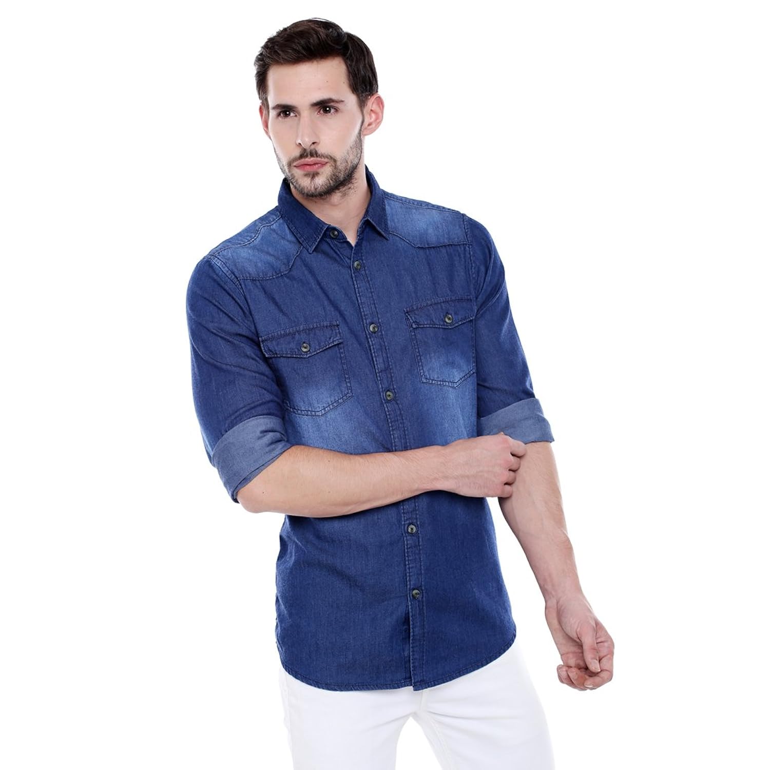 dennis lingo men's denim dark blue solid casual shirt