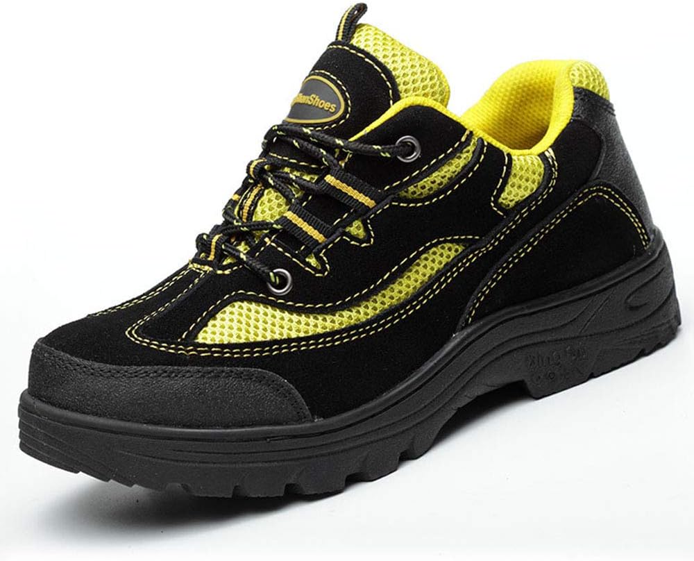 GPFSHOES Women Men Suede Breathable Steel Toe Safety Shoes, Indestructible Work Sneakers, Lightweight Non Slip Shoes,Yellow,45EU