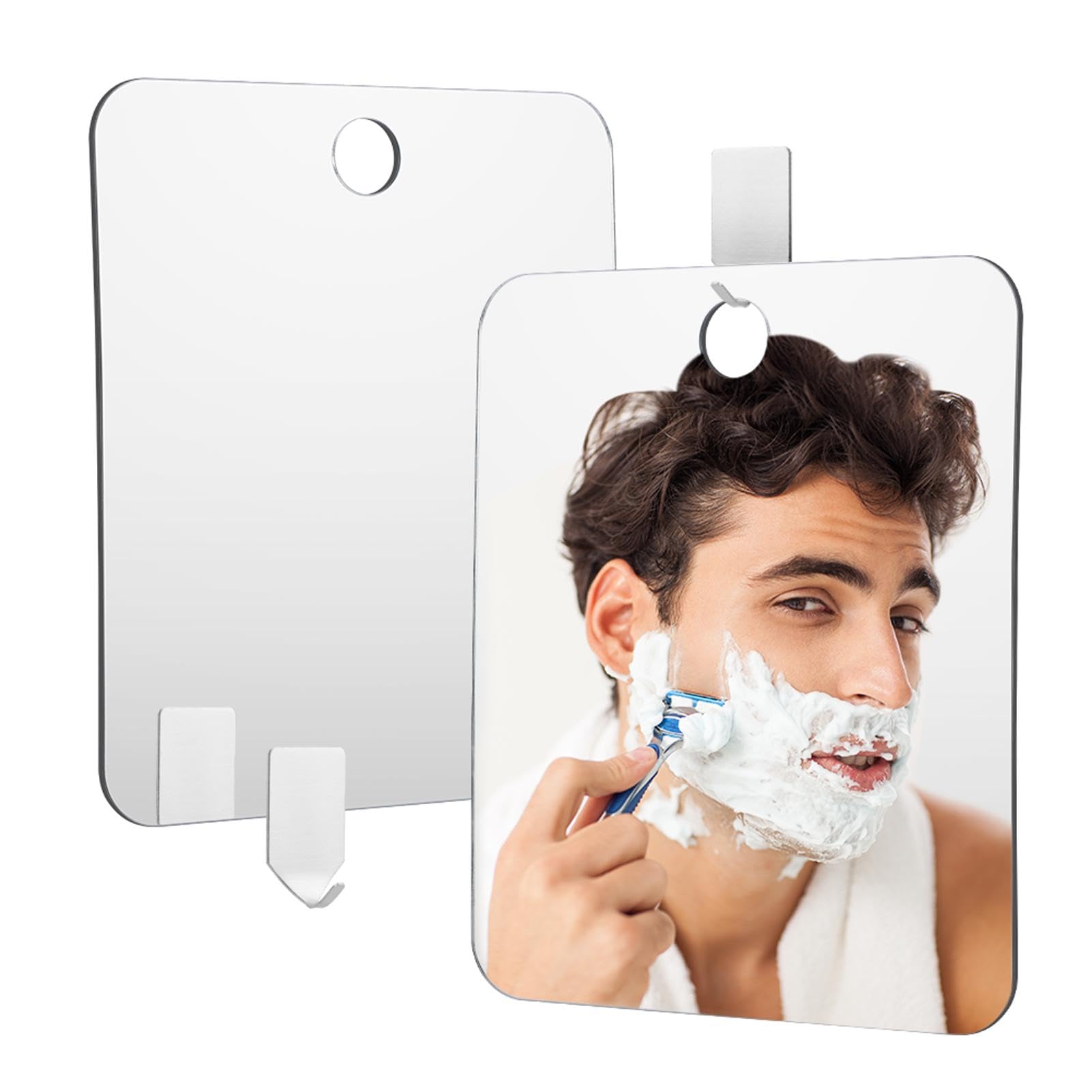 Photo 1 of HINMAYGO Shower Mirror Fogless for Shaving, 9.45'' x 7.87'' Wall Hanging Shower Mirror with Adhesive Hook, Unbreakable Little Mirror for Bathroom, Bedroom and Dorm Locker