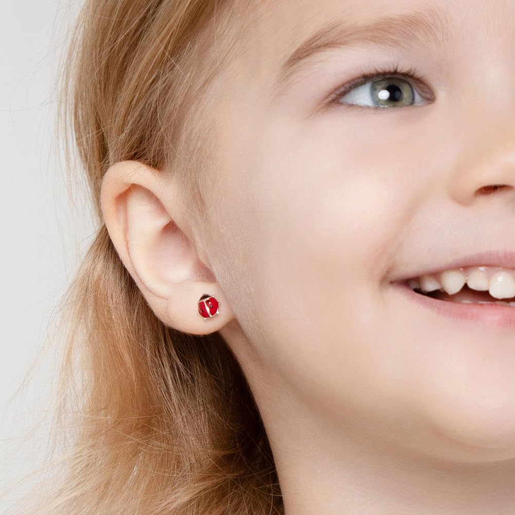 925 Sterling Silver Kids Ladybug Stud Earrings with Safety Screw Back for Little Girls - Cute and Hypoallergenic Twist Locking Screw Back Earrings for Babies, Toddlers, and Young Girls