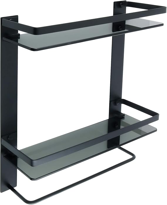 Sayayo 2Tier Bathroom Shelf Tempered Black Glass Shelf with Towel Rail Wall Mounted, Matte