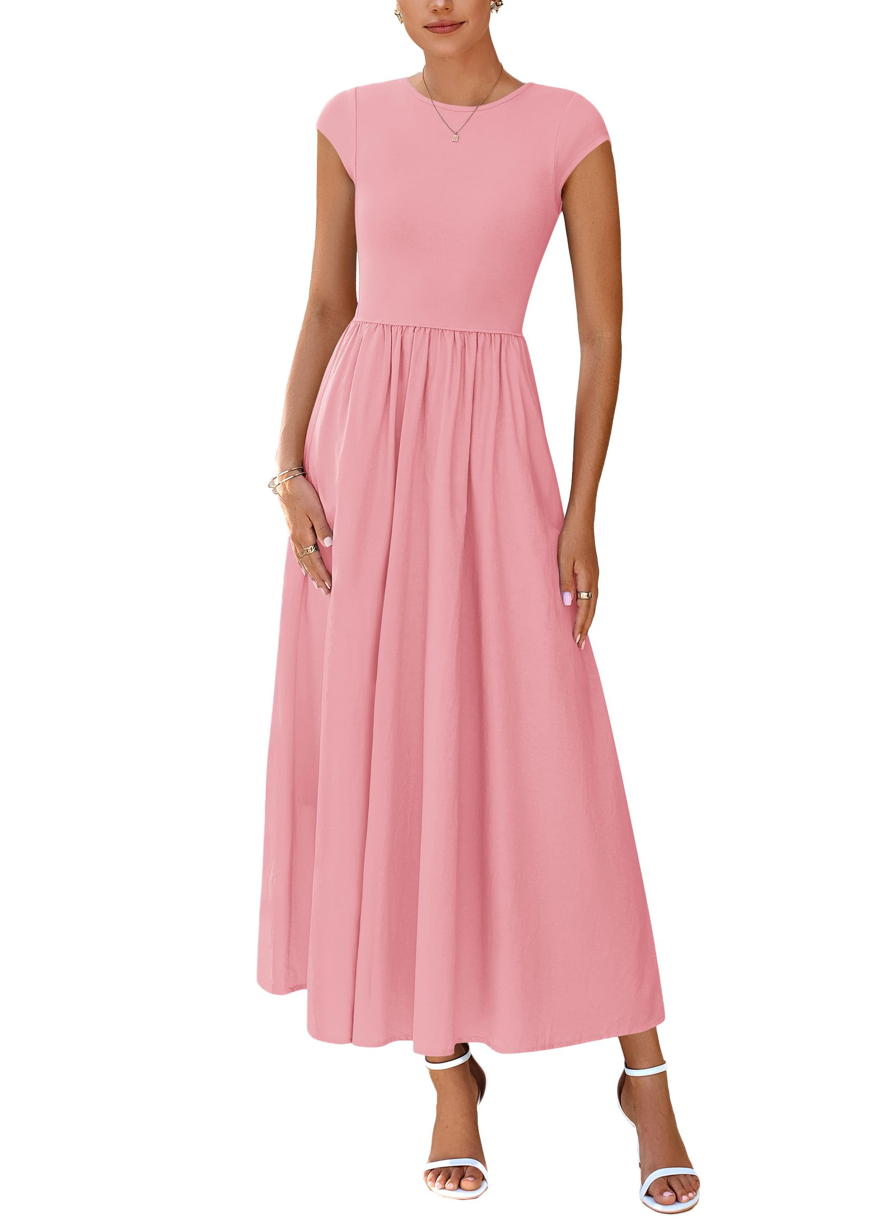 Photo 1 of PRETTYGARDEN Women's 2025 Summer Casual Long Dresses Cap Sleeve Patchwork A Line Flowy Modest Elegant Homecoming Maxi Dress (Pink,XX-Large)