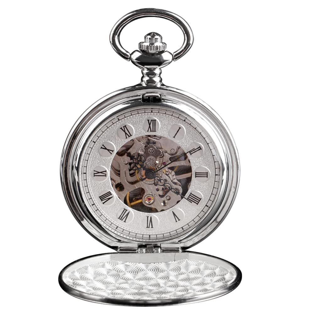 Tiong British Hand Wind Full Hunter Gray Pocket Watch - Steampunk Fob Modern for Men Women with Chain - Xmas Birthday Groom Wedding Gift