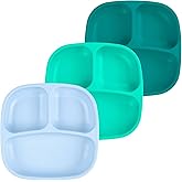 Re-Play Toddler Plates with Dividers - Deep-Walled 3 Compartments Divided Plates for Kids - Dishwasher & Microwave Safe - Made in USA - Set of 3-7.37" x 7.37" x 1.25" - Sea Glass