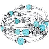 PEARL&CLUB Beaded Chakra Bangle Turquoise Bracelet - Fashion Jewelry Wrap Bracelet with Thick Silver Metal and Mala Beads, Birthday Gifts For Women