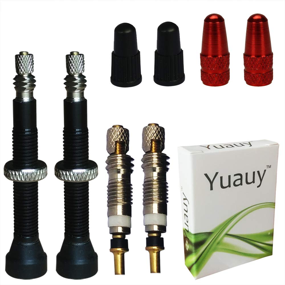 Yuauy 2PC (42MM Length) Black No Tube Tubeless Valve Stem Core Aluminium Alloy Presta + 2 x Valve Stem Core Copper replacement with Red Metal and Black Plastic Bike Bicycle Road Racing Cap Dust Cover