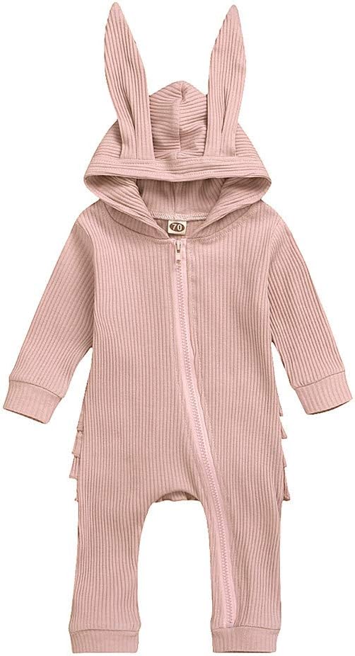 YSpoe Newborn Baby Romper Long Sleeve Bunny Ear Hooded Ruffle Jumpsuit Casual Cartoon Zip Bodysuit Cute Home Wear For 0-24 Months