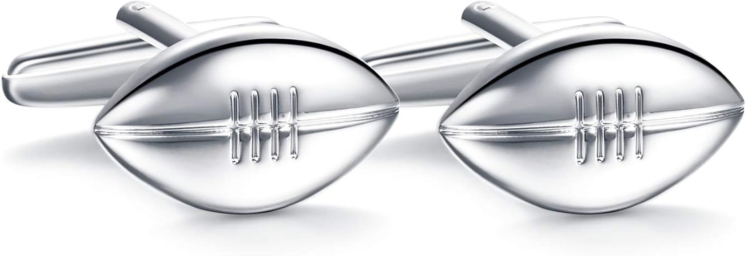 HONEY BEAR Silver Rugby Ball football Sport Cufflinks Wedding Shirt Dress Cuff Links Gift, 5 inches x 2 inches x 0.2 inches