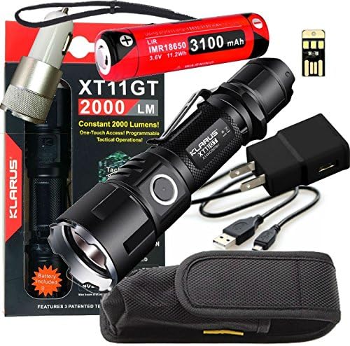 Klarus Upgraded XT11GT SUPER BUNDLE w/XT11GT LED Compact Tactical Rechargeable Flashlight, 18650 Battery, USB Cable, Lanyard, Holster, Pocket Clip, Car Charger, Wall Adapter, and USB Mini Light