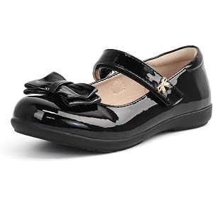 Glamor Chaser Girls Mary Jane Shoes Black School Dress Shoes | Shiny Black Mary Jane Shoes, Layered Bow Toe, Easy Hook and Lo