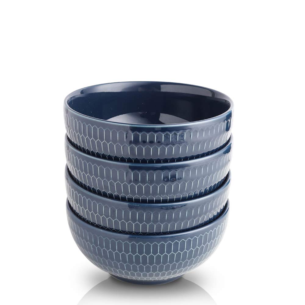KOOV 24 Ounce Soup Bowl Set, Porcelain Cereal Bowls Microwave And Dishwasher Safe, Kitchen Bowls For Oatmeal Breakfast, Chip, Rice, Ceramic Bowls Set of 4 (Embossed Blue)