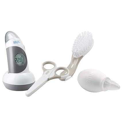 NUK 10225113 Pflege-Set mit je 1x Baby Thermometer 2in1, Nagelschere, Babybürste, 1x gratis Nasensauger