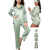 WJing Yi Jia 5Pcs XS-XXL Womens Silk Satin Pajamas Sets Long Pj Sets Button Down Pjs Set Loungewear Sleepwear