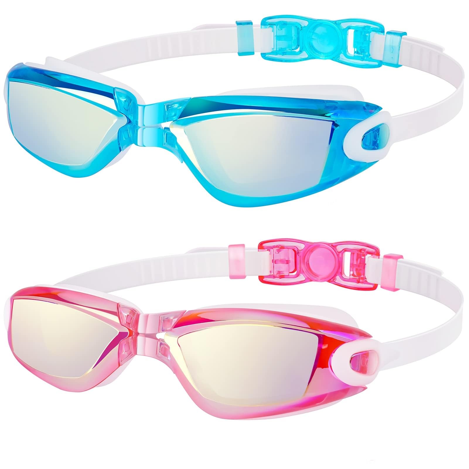 EasYoung Kids Swim Goggles, 2-Pack Swimming Goggles for Children, Teens, Boys or Girls, UV Protection Swim Pool Goggles, 05.White/Pink Mirrored+White/Blue Mirrored