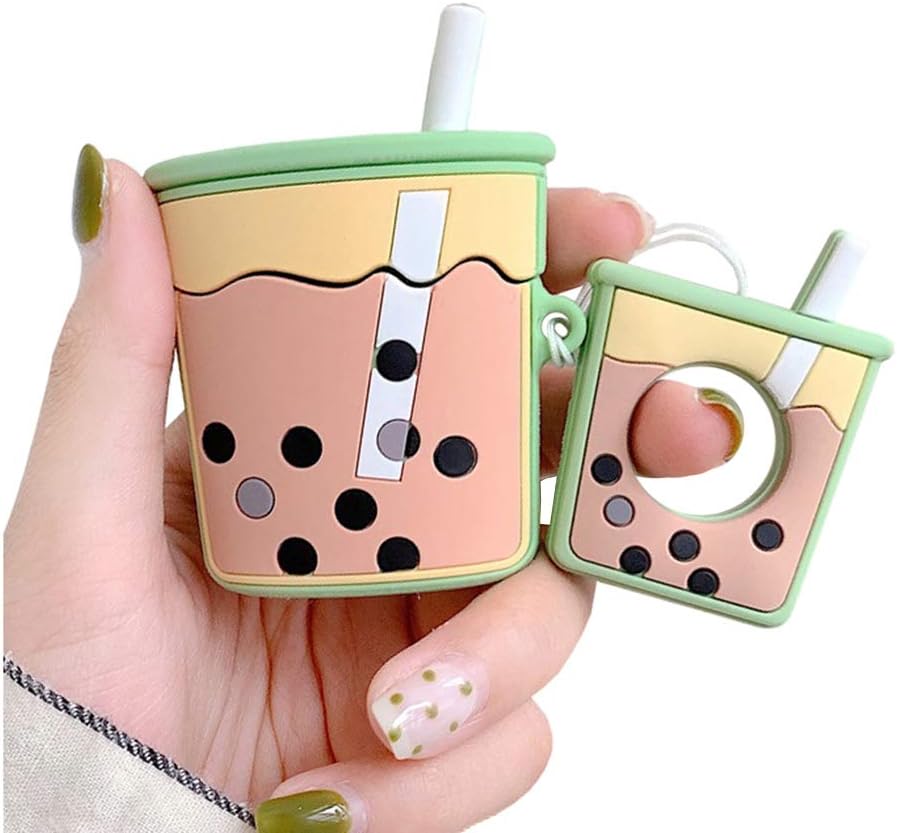 UnnFiko Super Cute Bubble Tea Airpods Case, 3D Cartoon Soft Silicone Protective Mini Bag Cute Creative Airpods 1 & 2 Charging Cover with Finger Loop (Green, Airpods 1 & 2)
