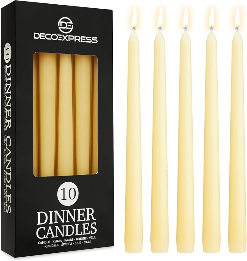 DECO EXPRESS Candles Set 10 Ivory Dripless Tapered Metallic 8h Burn Time