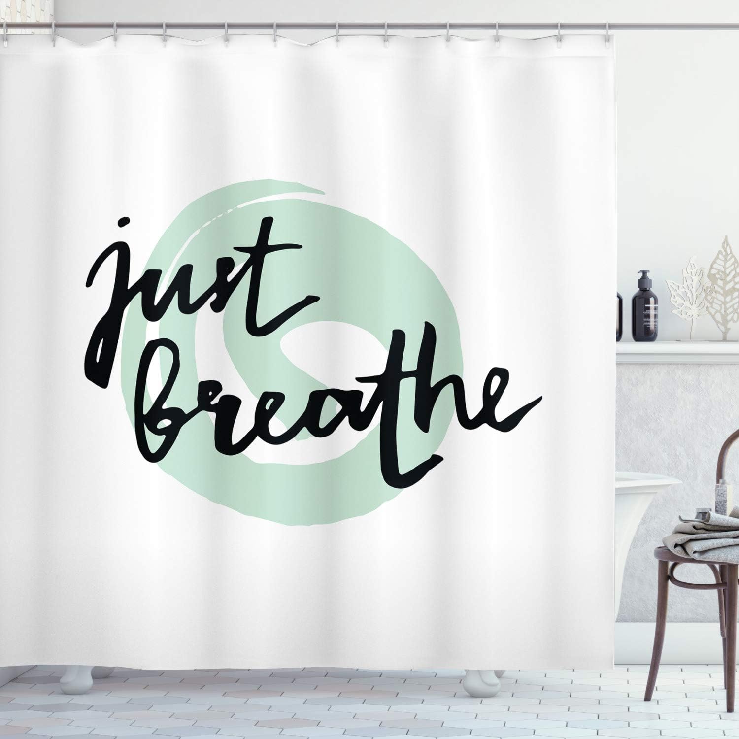 Amazon Com Ambesonne Just Breathe Shower Curtain Inspirational Positive Saying With Modern Brush Calligraphy Art Cloth Fabric Bathroom Decor Set With Hooks 70 Inches Mint Green Black White Home Kitchen
