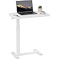 Simple Deluxe Overbed Bedside Table with Hidden Casters, Adjustable Pneumatic Mobile Laptop Computer Standing Desk, Rolling Laptop Table, Movable Overbed Table Hospital Home Use, White
