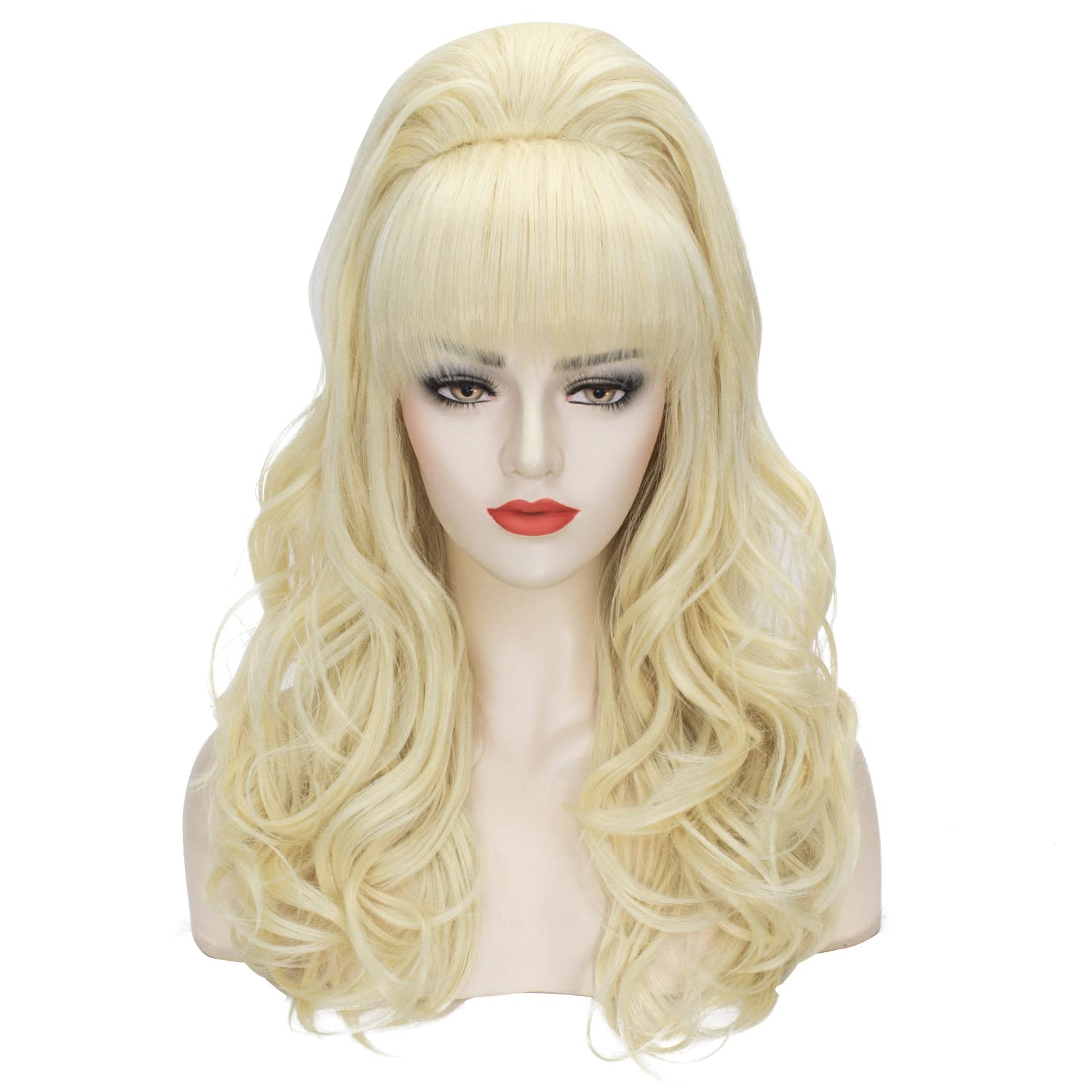 Photo 1 of Beehive Wig Blonde Women 60s Vintage Long Curly Bouffant Updo Victorian Fembot Wig 50s 70s Costume Married Housewife Heat Resistant Synthetic Hair Wigs for Halloween Party + Wig Cap