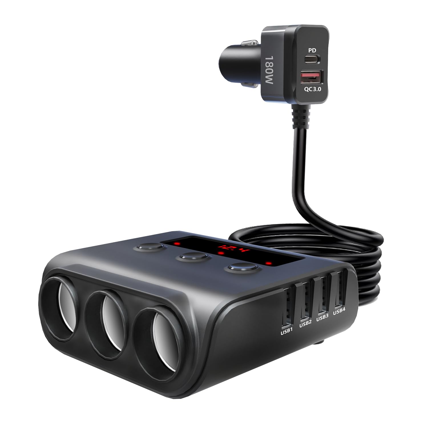 YONGYAO Cigarette Lighter Adapter - 180W Car Charger Adaptger USB Charger Fast Charge (USB C & QC 3.0), 3 Way Sockets & 4 USB Ports, 12V Car Splitter with Extension Lead