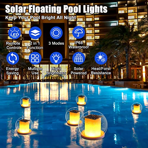 ROMELUCE Floating Pool Lights,Solar Flame Lights Flickering Pool Accessories IP68 Waterproof Pool Lights,7 inch Remote Controllable 3 Light Modes Outdoor Decoration Lamp for Pool (2PCS)