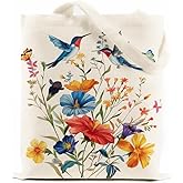 khanoqq Aesthetic Canvas Tote Bag for Woman, Cute Hummingbird Wildflower Shoulder Bag with Inner Pocket, Vintage Book Tote Bag Reusable Cotton Shopping Grocery Bag (Hummingbird)