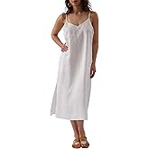 Amazhiyu Womens Pure Linen Summer V Neck Midi Spaghetti Strap Slip Dress with Pockets