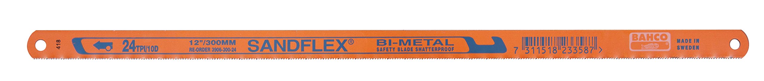 Bahco 3906-250-24-5P 24 TPI Sand Flex Bi-Metal Hand Hacksaw Blade, Orange, 250 mm, Set of 5 Piece