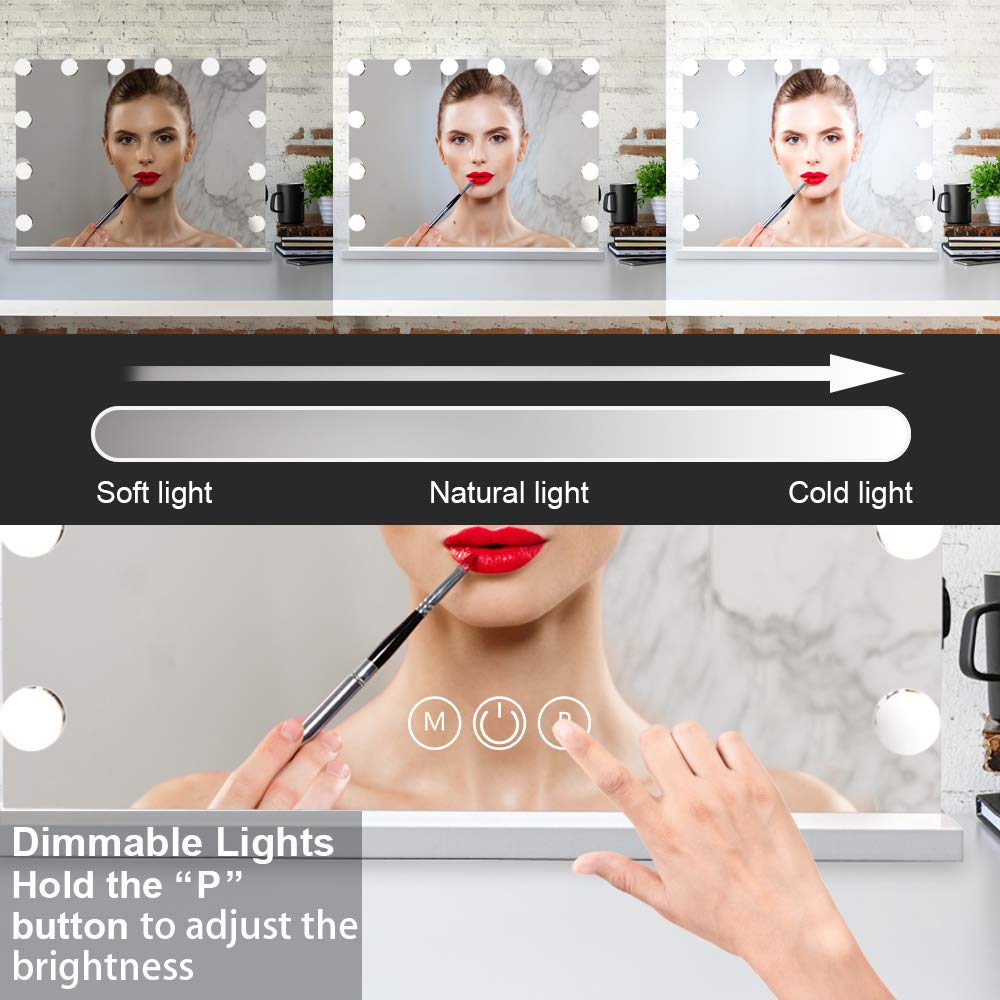 FENCHILIN Large Vanity Mirror with Lights, Hollywood Lighted Makeup Mirror with 15 Dimmable LED Bulbs for Dressing Room & Bedroom, Tabletop or Wall-Mounted, Slim Metal Frame Design, White : Beauty