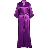 PRODESIGN Satin Kimono Robe Long Silky Bathrobe with Ostrich Feather Trim Sleepwear Wedding Bridesmaid Dressing Gown