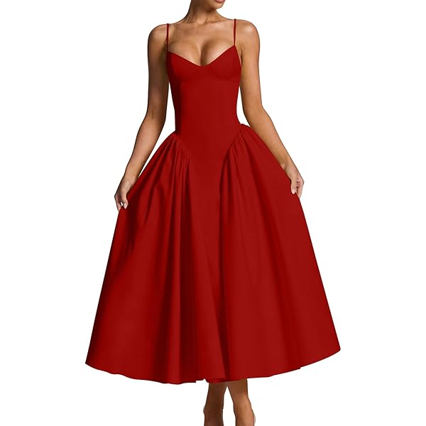 Amazon.com: Women's Vintage Corset Dress Spaghetti Strap A-Line Midi Dress  Elegant Cocktail Party Evening Dresses Red : Clothing, Shoes & Jewelry