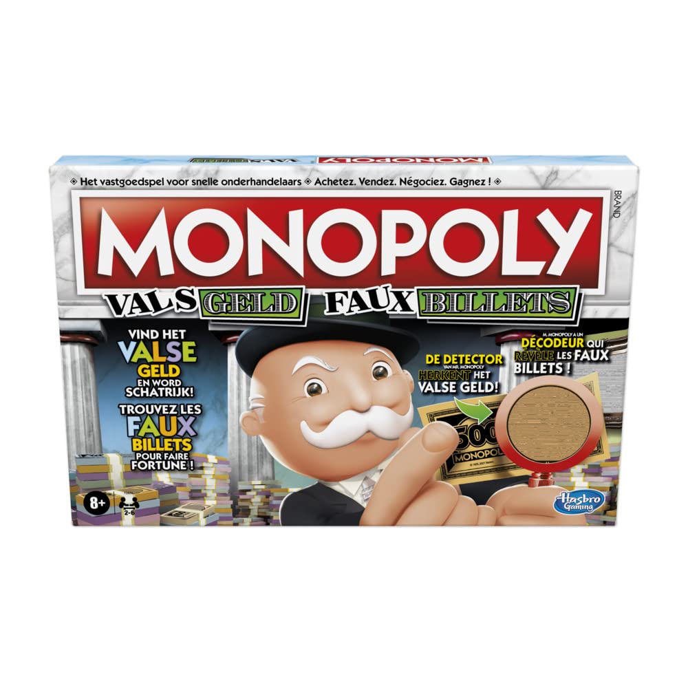 Monopoly False Money - Belgian Edition Board Game for Families and Children from 8 Years with Mr. Monopolys Detector for Recording Counterfeit Money and False Cards for 2-6 Players