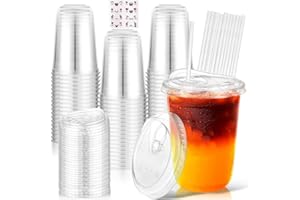 50 Pack 16 Oz Clear Plastic Cups with Lids and Straws,Ywbfove Iced Coffee Cup for Party Wedding Catering Events, to Go Cups f