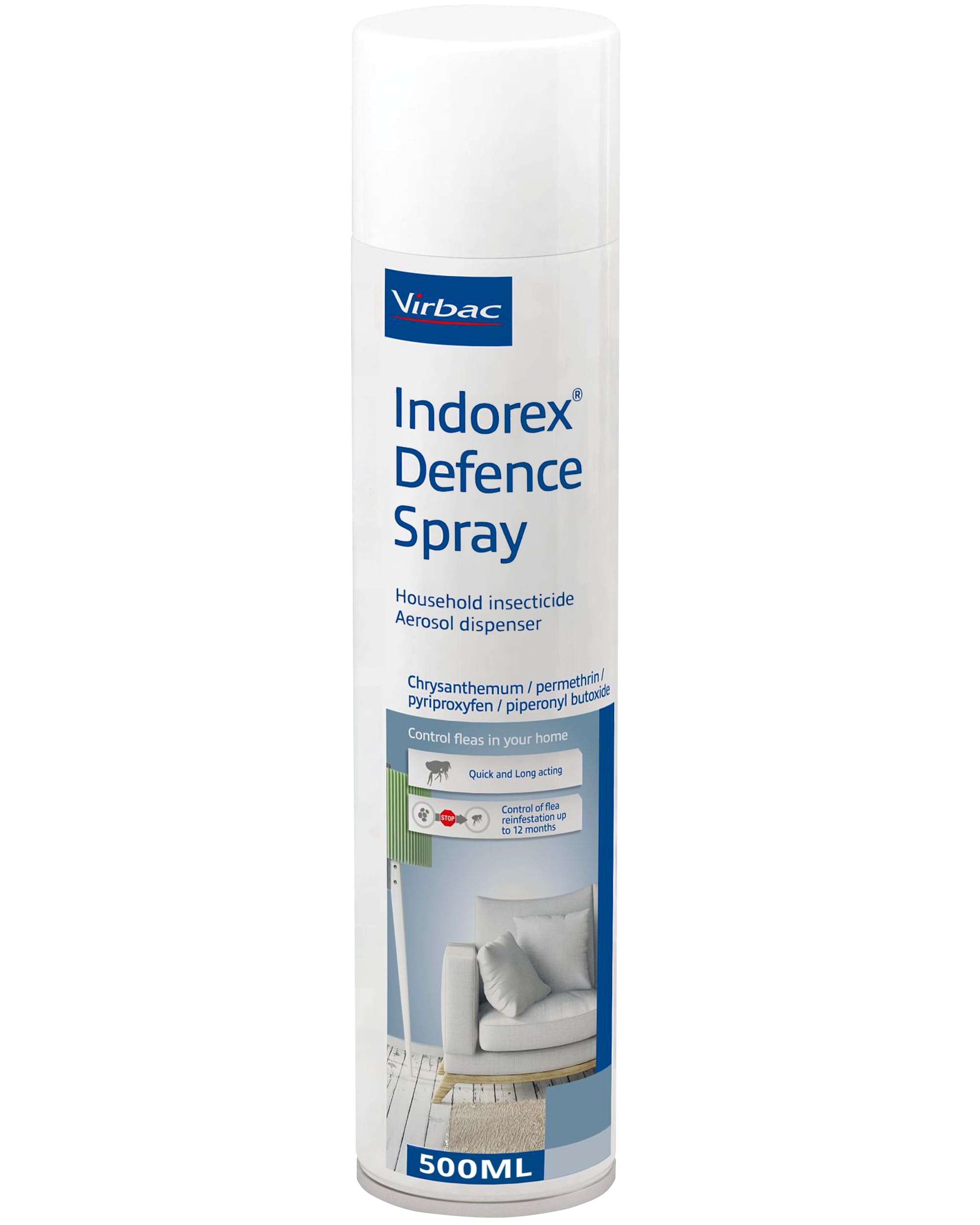 Virbac Indorex Defence Flea Spray for the Home | Long-Lasting 12-Month Protection Against Fleas and Dust Mites | 500ml Can