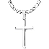 MILACOLATO 925 Sterling Silver Cross Necklace for Men Women - 5mm Durable 316L Stainless Steel Figaro Link Chain with Beveled Edge Cross Pendant, Silver Crucifix Necklaces Jewelry, 16-30'' Christian Baptism Gift
