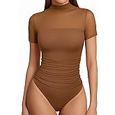 MANGOPOP Women's Mock Turtle Neck Bodysuit Mesh Ruched Short Long Sleeve Body Suit Sexy Sheer Trendy Going Out Outfits Tops