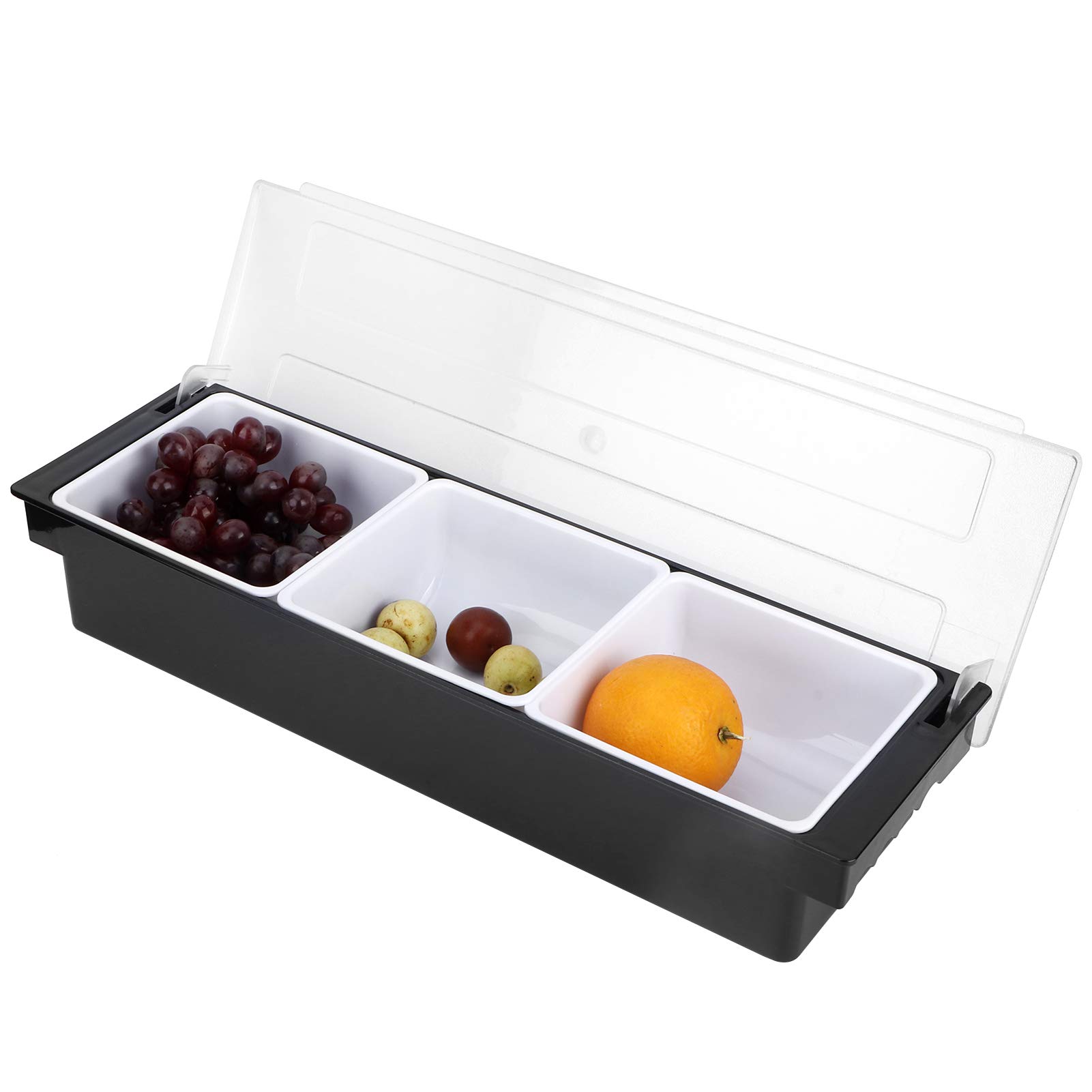 Fruit Veggie Condiment Caddy with Lid, Multifunctional Seasoning Box Bar Condiment Box with Side Handle, Commercial Fruit Case Plastic Dispenser Tray for Ice Cream, Fruit, Salad (3 Compartments)