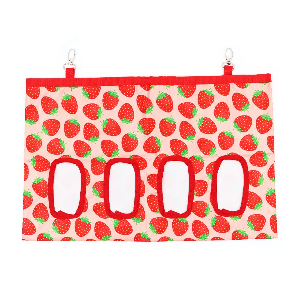 VOANZO Rabbit Hay Bag Small Animals Hay Feeder Bag Hanging Feeding Storage Guinea Pig Hanging Feeder Sack with 4 Holes for Bunny Chinchilla Hamster (Strawberry)