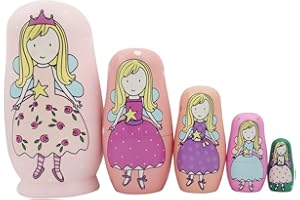 HYCLES 5 Pcs Cute Angel Princess Handmade Nesting Dolls Russian Matryoshka Dolls Wishing Dolls for Kids Girls Toddlers Birthday Toy Home Decoration Lovely Pink