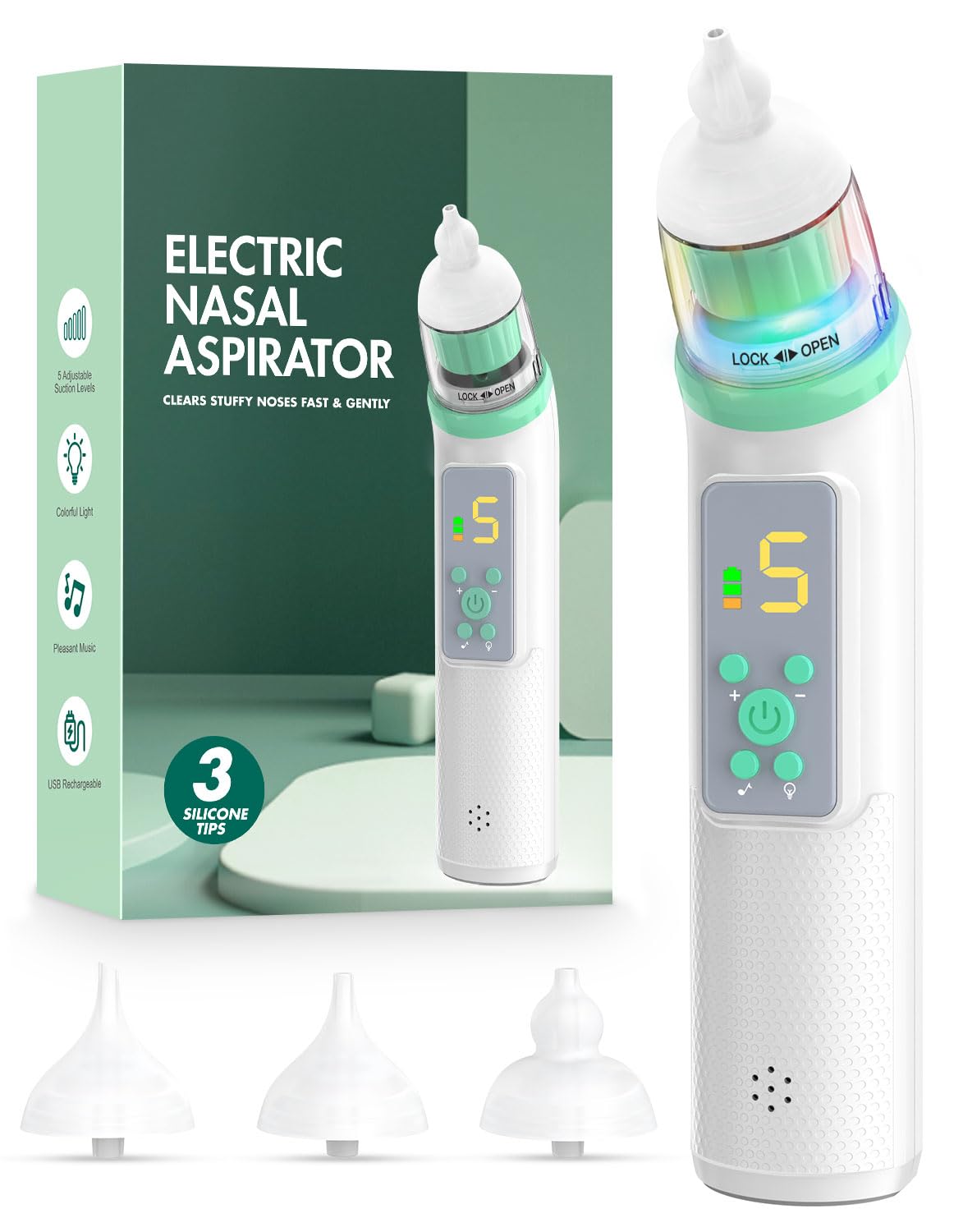 Photo 1 of Nasal Aspirator for Baby, Electric Baby Nose Sucker with Adjustable 5 Levels Suction, Baby Nasal Aspirator with Music and Lights, Nose Sucker for Toddler with 3 Tips, Green