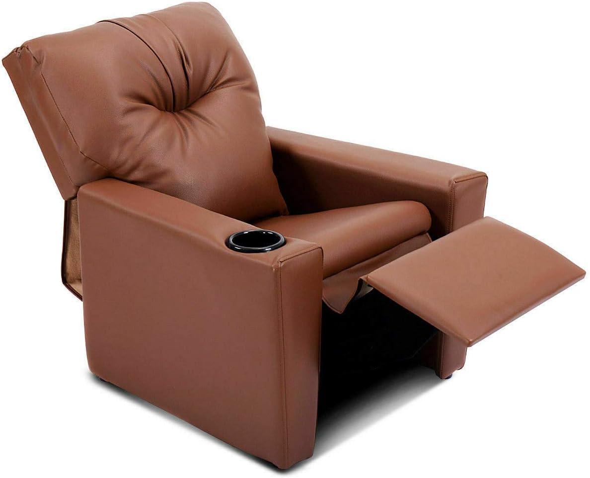 Kids' Furniture, Kids Sofa Manual Recliner Leather Ergonomic Lounge w/Cup Holder Children Gift, Brown