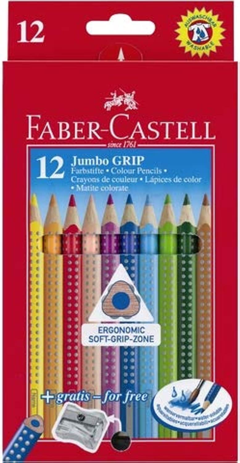 FABER-CASTELL Jumbo Grip Colouring Pencils with Sharpener, Writing Colour: 12 Assorted (Pack of 12), You will receive 1 Pack of 12aa