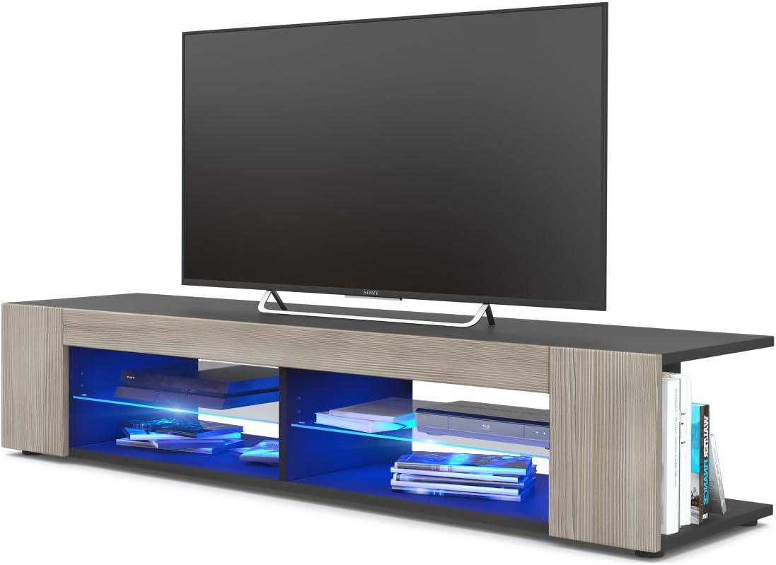 Vladon TV Unit Stand Movie, Carcass in Black matt/Front in Avola-Champagne with LED lighting in Blue
