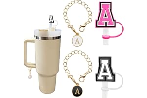 KRIKLAR （2+2）2PCS Straw Cover for Stanley Cup 30&40 Oz 10mm Straw Topper with 2PCS Stanley Cup Accessories Letter Charms Name ID Initial Letter Handle Personalized Charm For Stanley Tumbler (Letter A)