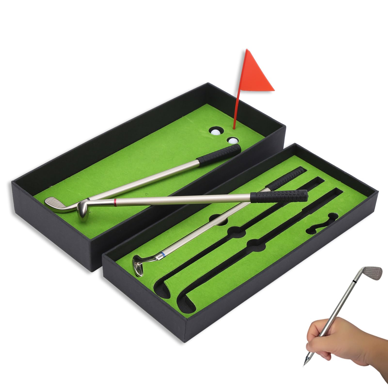 HERCHR Desktop Golf Pen Toy Set, 3Pcs Golf Club Pens 1Pcs Flag 2Pcs Mini Golfing Ball 1Pcs Driving Range Box, Mini Golfer Club Putter Ballpoint Pen Creative Simulation Driving Range for Men Women