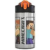 Zak Designs Minecraft - Stainless Steel Water Bottle with One Hand Operation Action Lid and Built-in Carrying Loop, Kids Water Bottle with Straw Spout is Perfect for Kids (15.5 oz, 18/8, BPA Free)