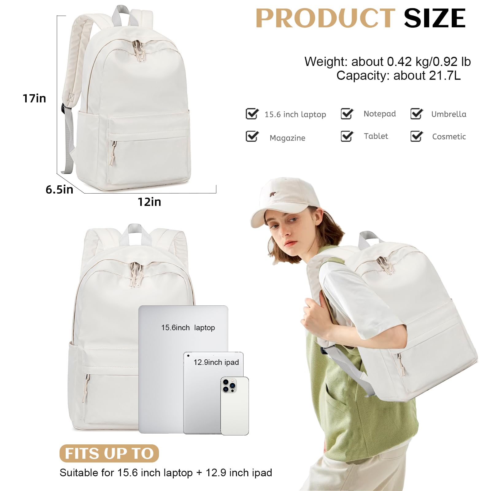 School Backpack for Teen Girls Women Laptop Backpack College Bookbags Middle School Travel Work Commuter Back Pack(Solid Beige)