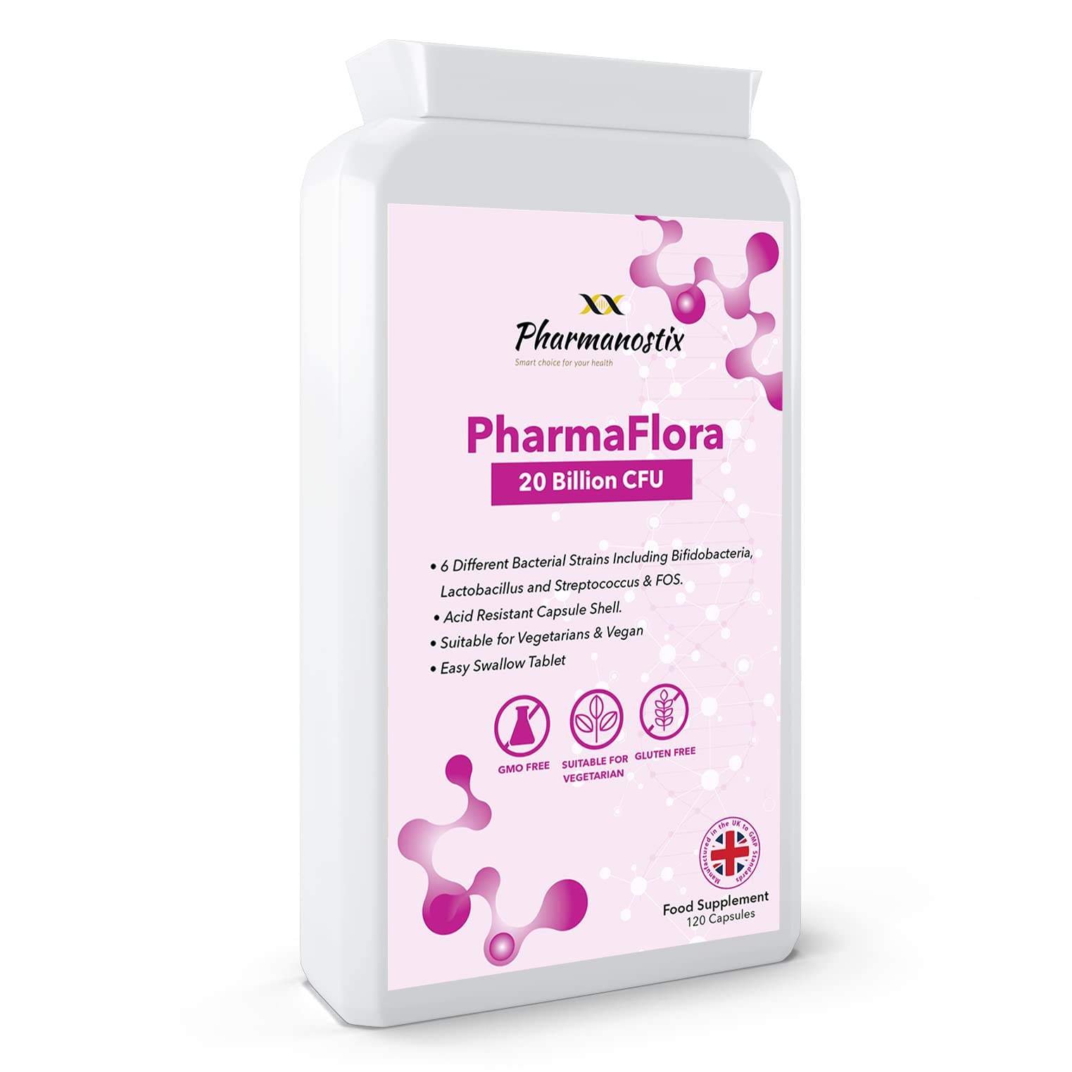 PharmaFlora 20 Billion CFU- 6 Friendly Strain Active Bacterial Cultures- 120 Vegan Targeted Release Capsules- Acidophilus -Bifidobacterium - Streptococcus Thermophilus - UK Manufactured